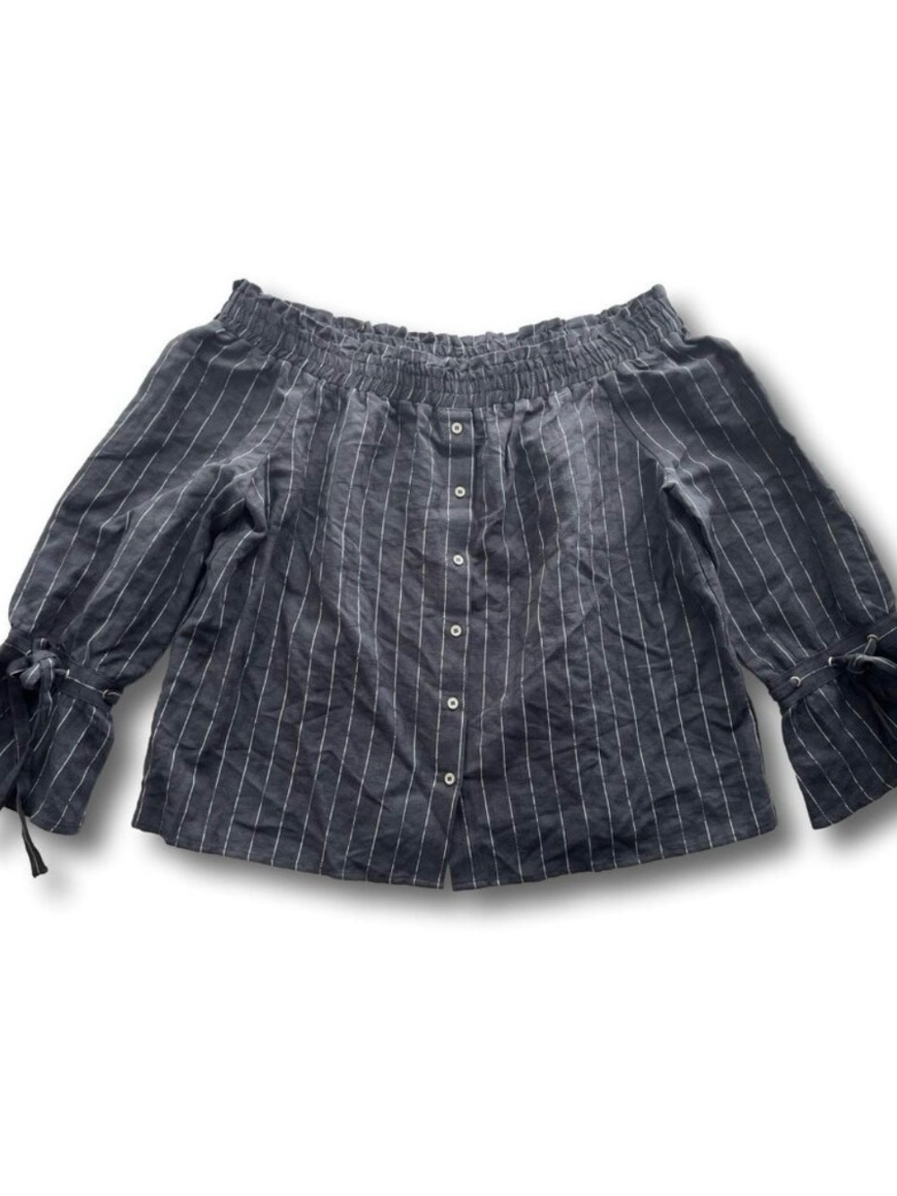 Lucky Brand Navy Pinstripe Off-Shoulder Button Blouse